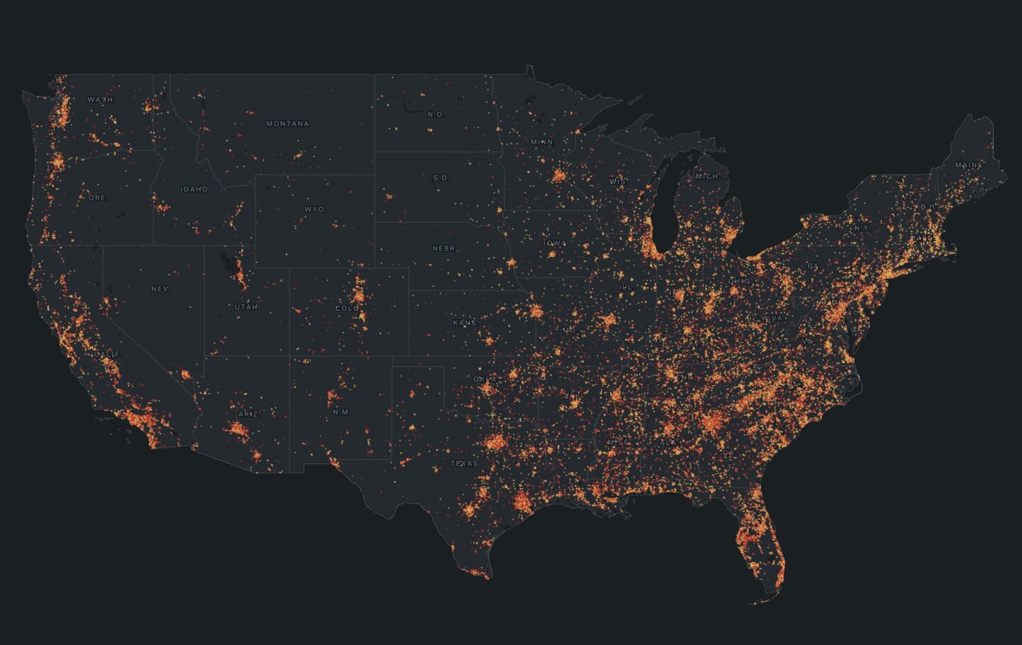 A screenshot of a gun violence map of the U.S.