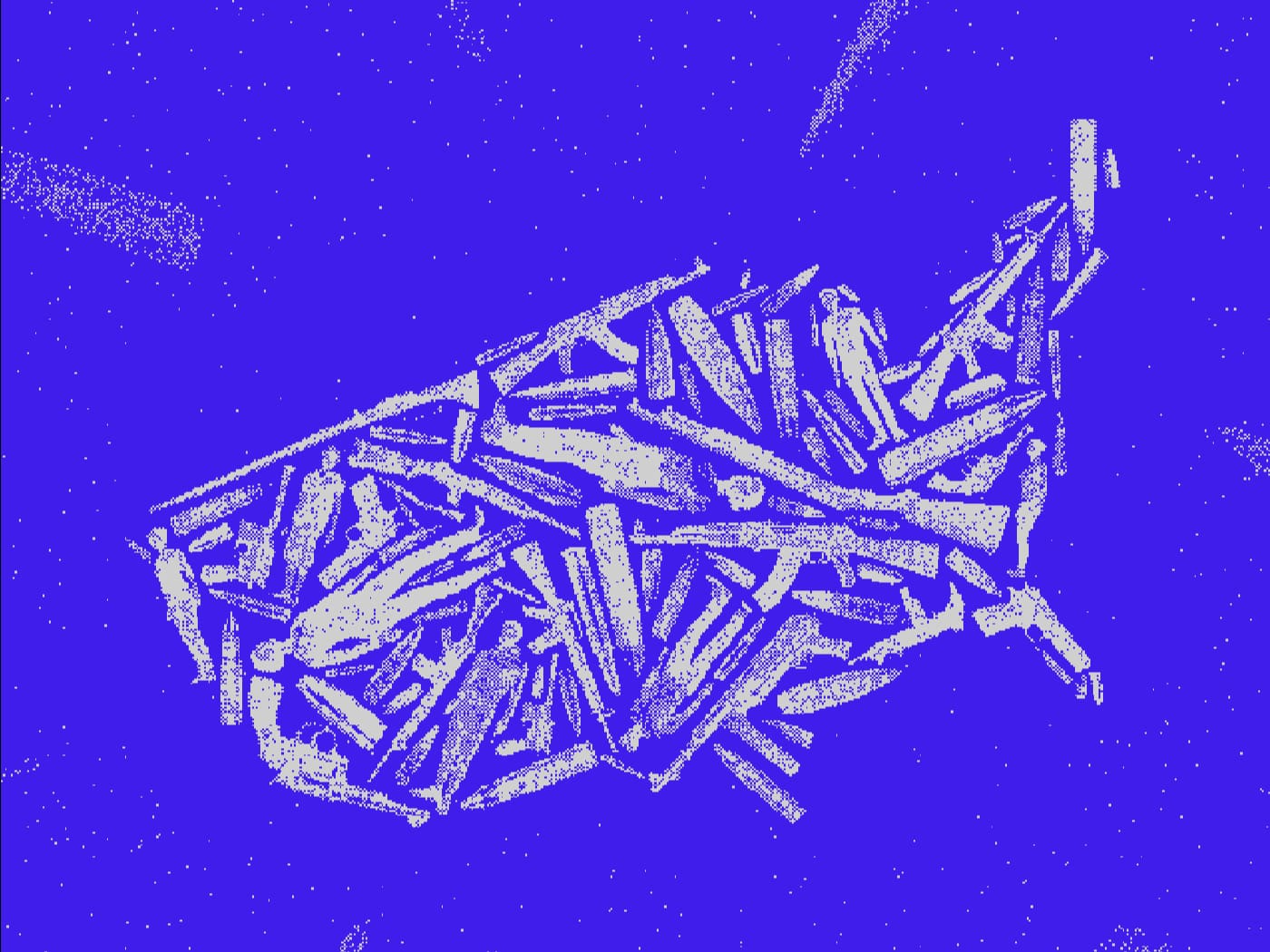 An illustration of the United States made up of white guns, bullets, and people set on a blue background.