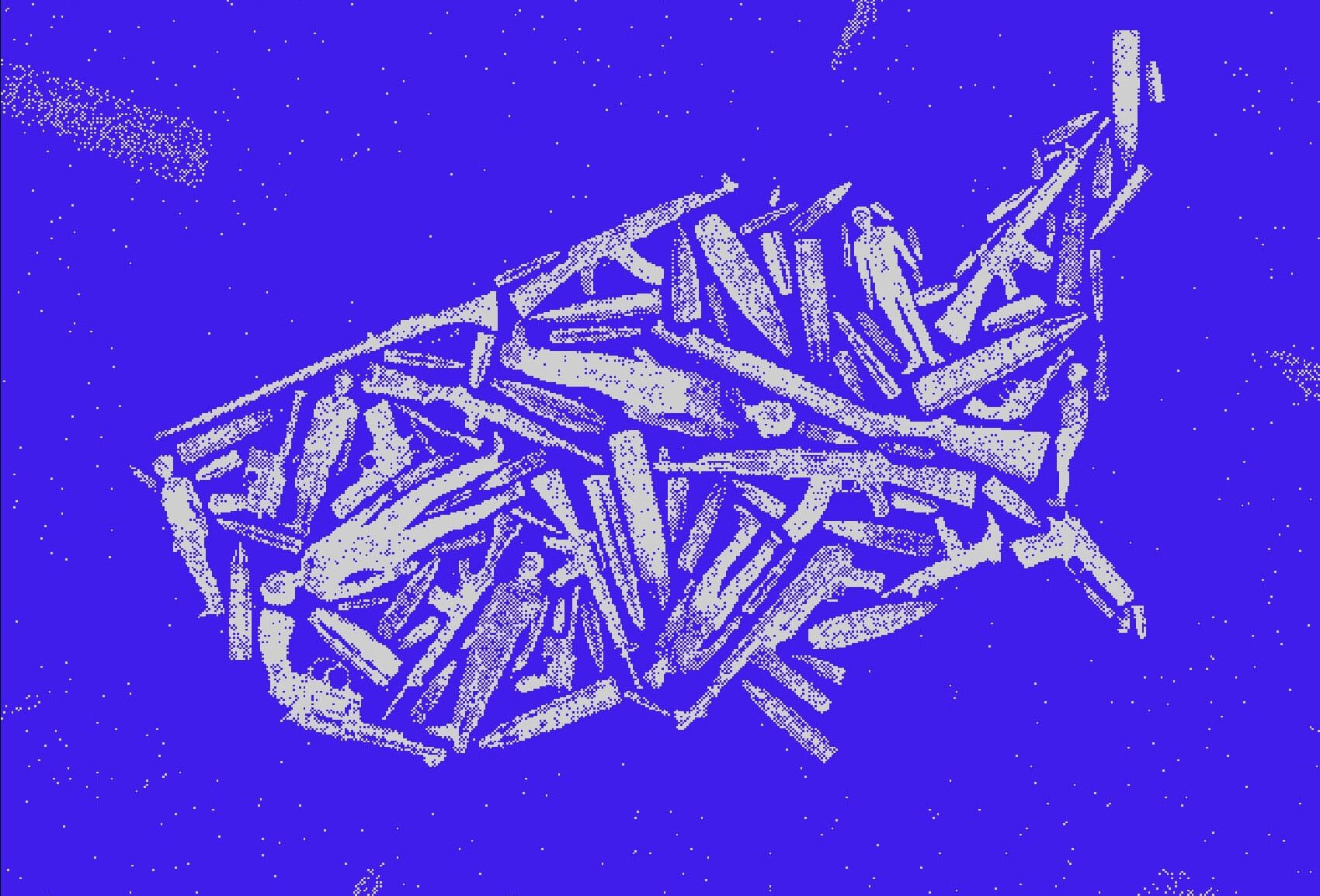 An illustration of the United States made up of white guns, bullets, and people set on a blue background.