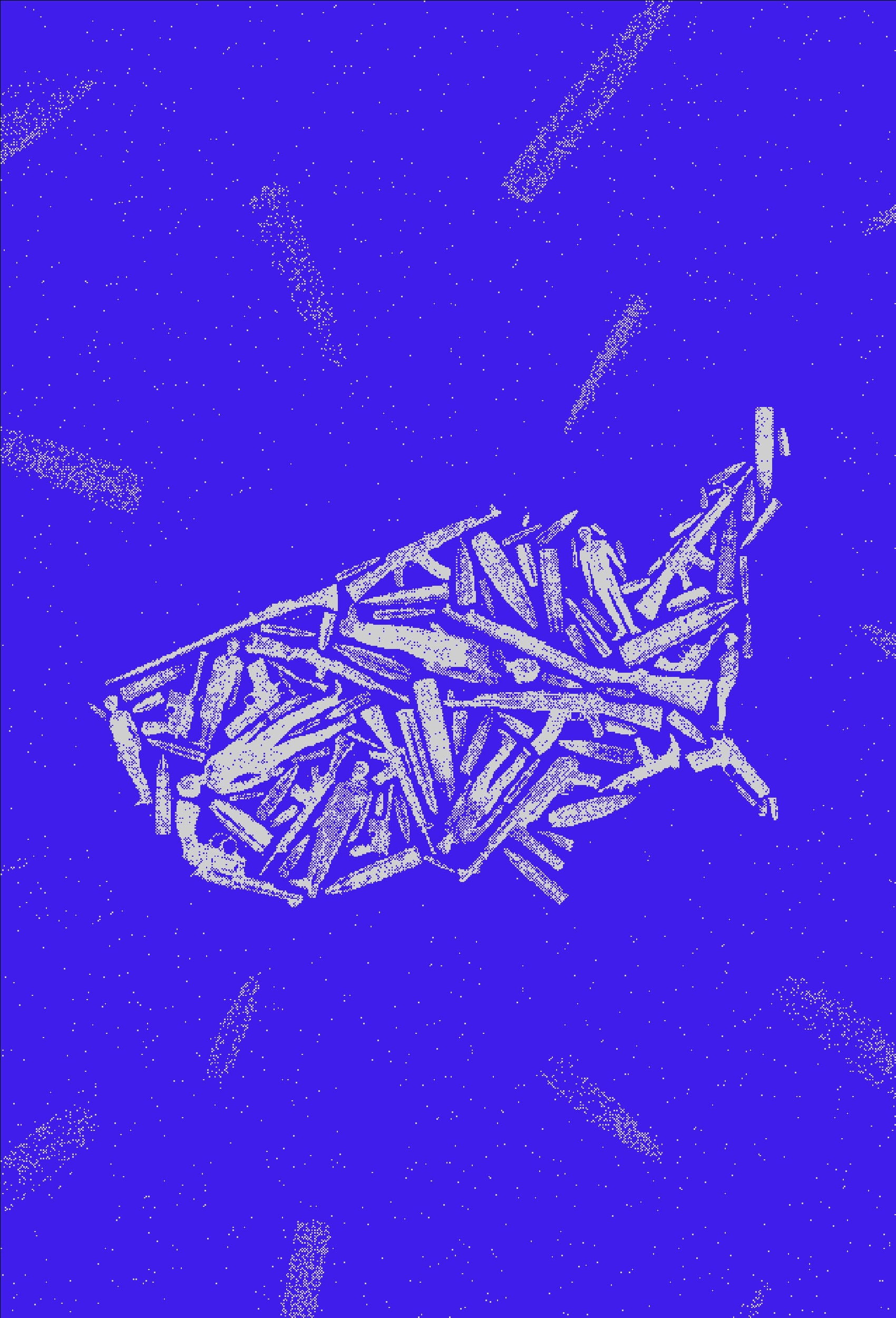 An illustration of the United States made up of white guns, bullets, and people set on a blue background.